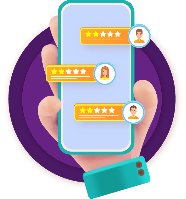 Illustratie van een hand die een smartphone vasthoudt met reviewsterren en profielfoto’s — symbool voor klantbeoordelingen of feedbacksysteem.