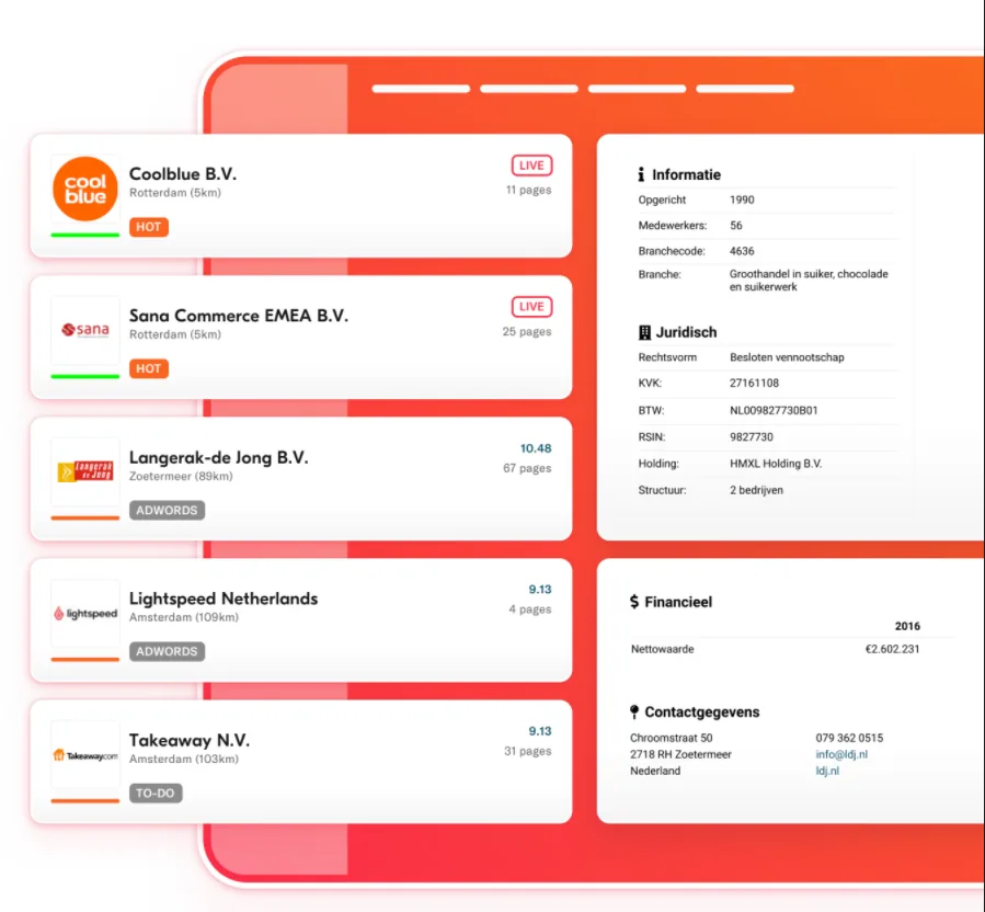 Dashboard met bedrijfsinformatie, waaronder namen als Coolblue, Sana Commerce en Takeaway. Beeld representeert leadgeneratie of bedrijfsanalyse (zoals via Leadinfo).