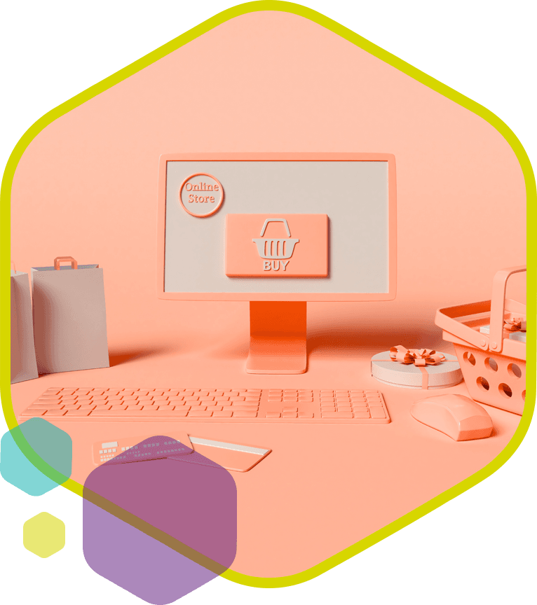 Conceptafbeelding van een online store met computer, winkelmand en cadeaus voor e-commerce