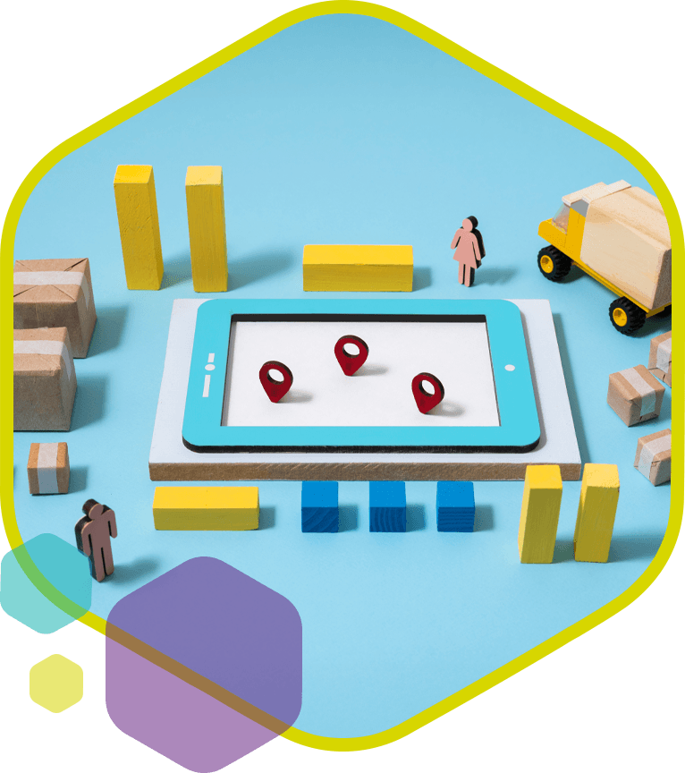 Miniatuur logistiek concept met tablet en locatiepins die levering en distributie van merchandise voorstellen