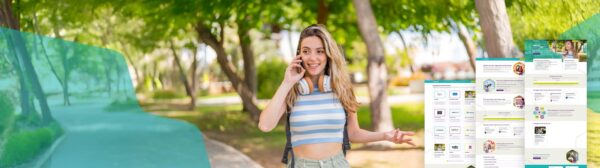 Vrouw met koptelefoon belt buiten, naast weergave van nieuwe PromoCat websitepagina’s die de vernieuwde functies tonen