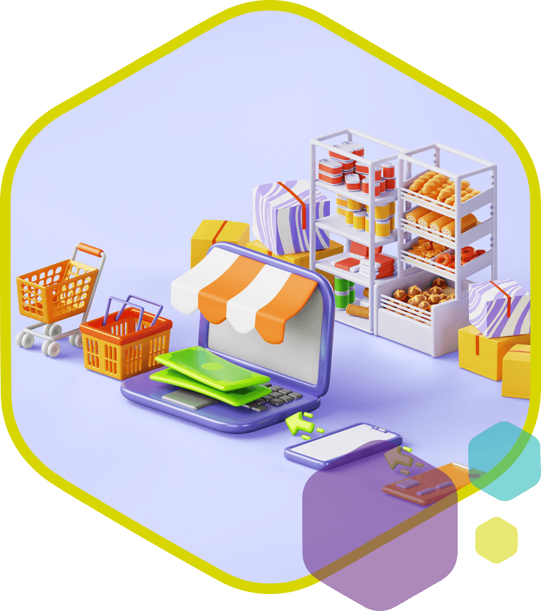 3D illustratie van online winkel met laptop, winkelmandjes en producten, symbool voor een succesvolle e-commerce webshop