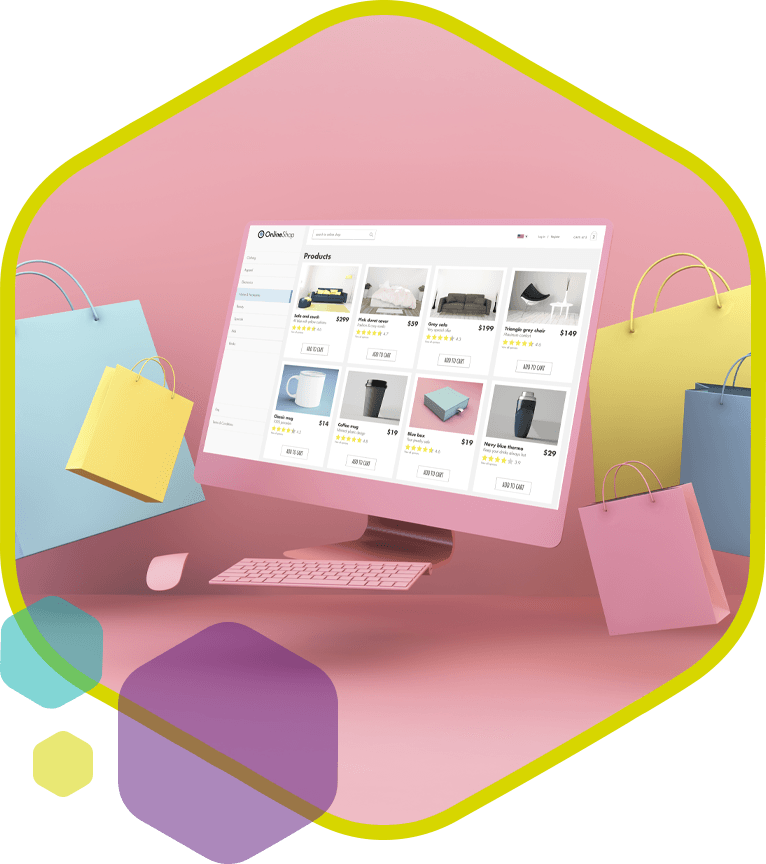 Webshop met productoverzicht en winkelmandjes als symbool voor actief beheer en optimalisatie van het assortiment
