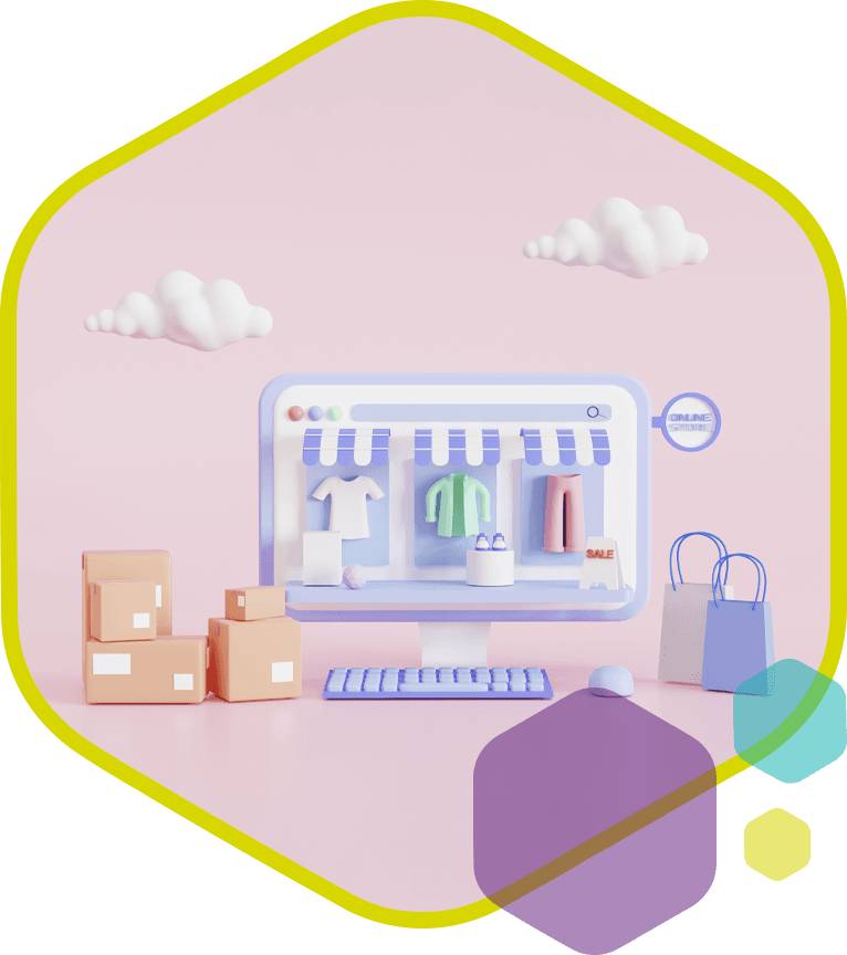 Digitale webshop met producten en pakketten als symbool voor een actuele en overzichtelijke online winkelomgeving