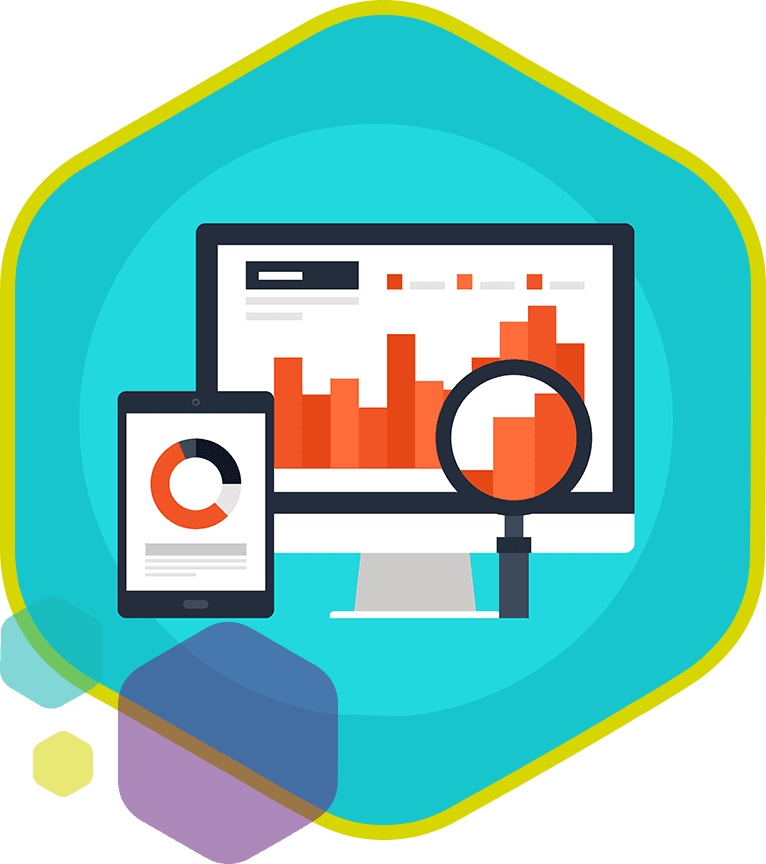 Dashboard met grafieken en vergrootglas als symbool voor data analyse en inzicht in prestaties van een webshop