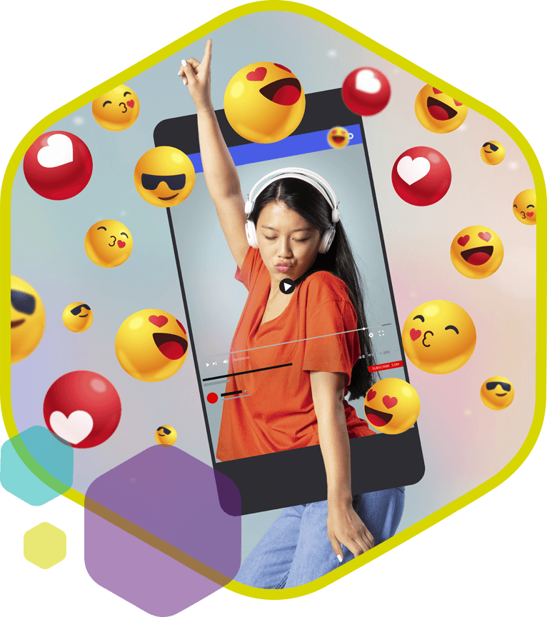 Persoon met smartphone omringd door likes en reacties als symbool voor engagement en interactie binnen fanstores