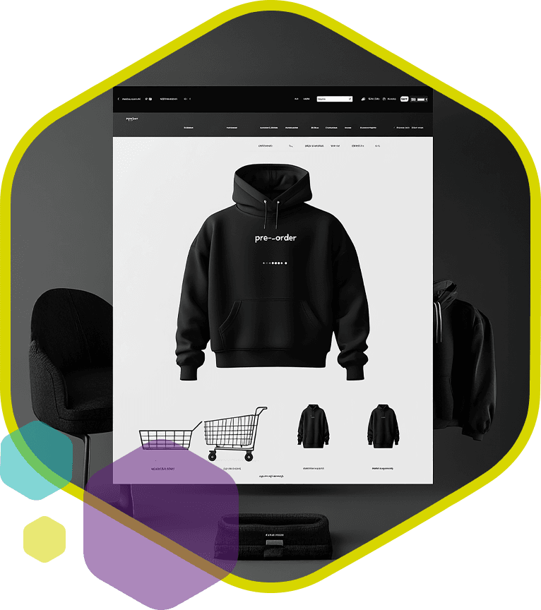 Moderne webshop met kleding en winkelwagen als symbool voor geoptimaliseerde online verkoop van merchandise