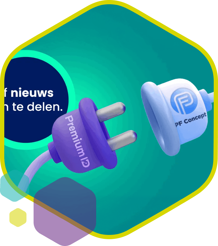 Stekkers die in elkaar klikken met branding van Premium ID en PF Concept als symbool voor integratie en samenwerking tussen systemen