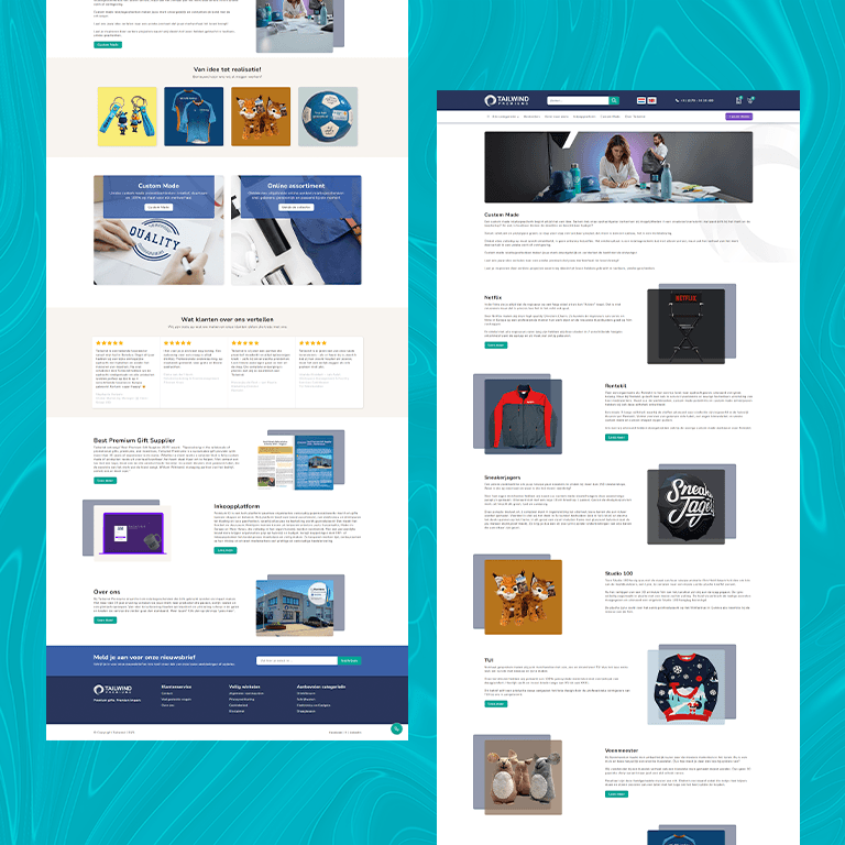Overzicht van custom made producten en pagina indeling als symbool voor maatwerk oplossingen binnen een merchandise webshop