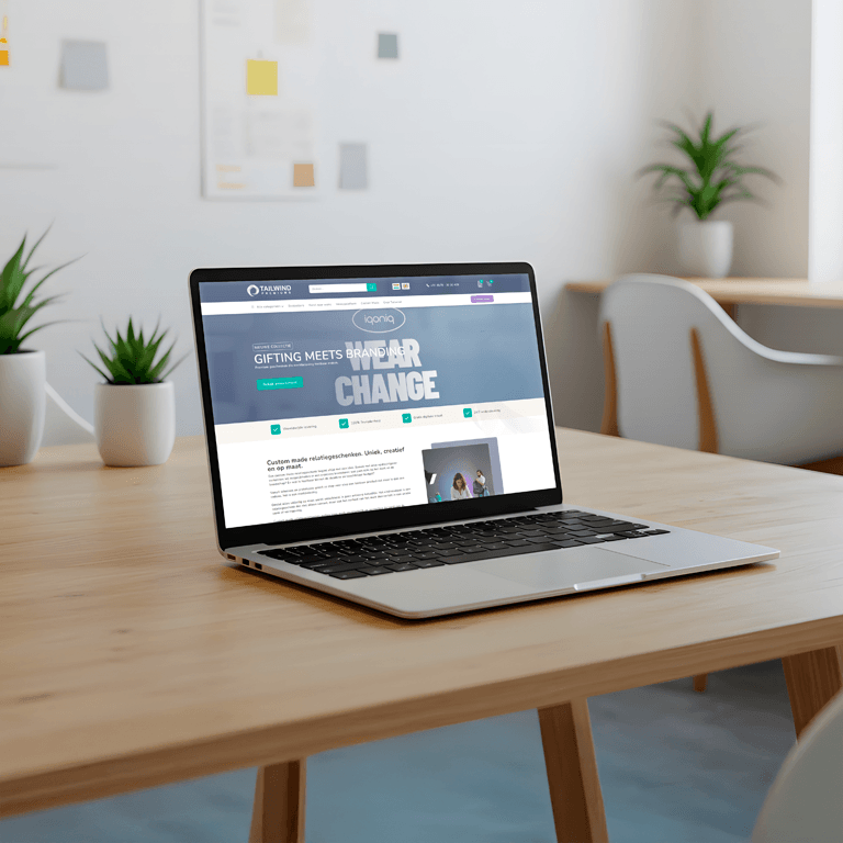 Laptop met webshop op scherm als symbool voor professionele online presentatie van merchandise en diensten