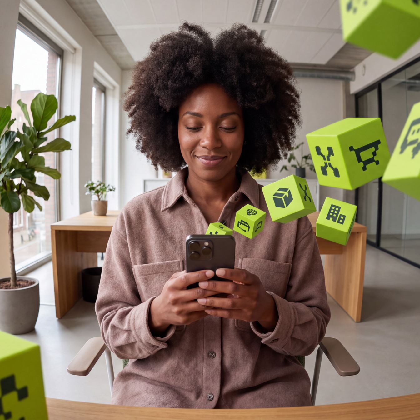 Vrouw kijkt glimlachend naar haar telefoon terwijl groene blokken om haar heen zweven