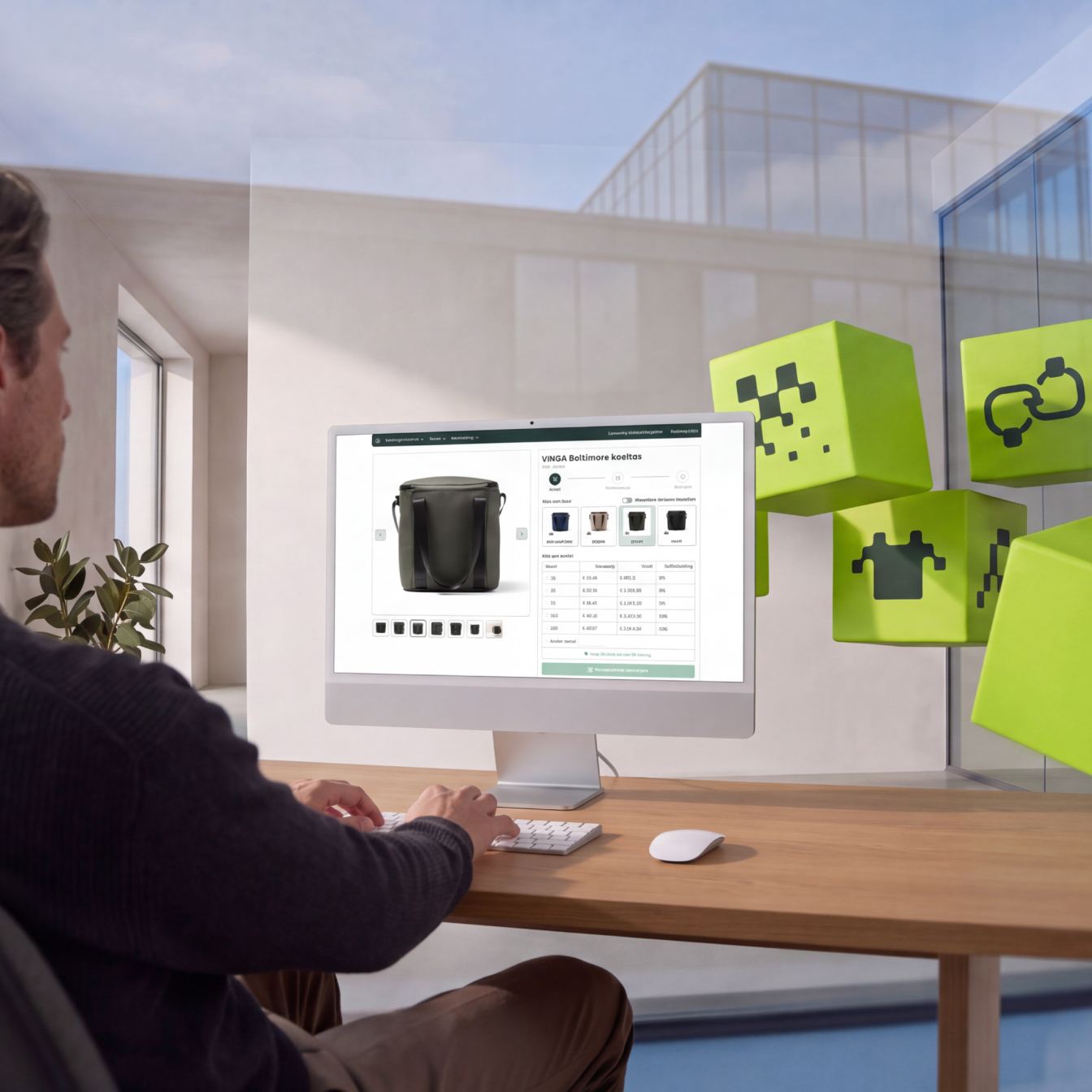 Man werkt achter een iMac in de nieuwe WeMerchTogether-beheeromgeving