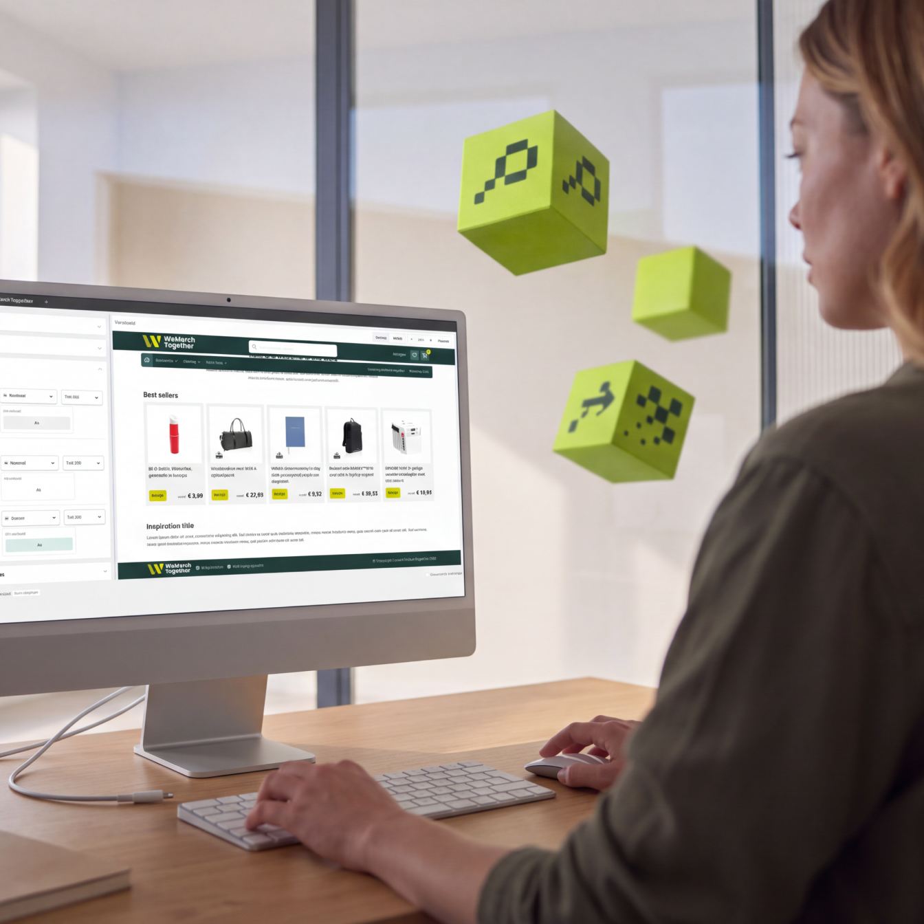 Vrouw bekijkt een WeMerchTogether-webshop op haar computer